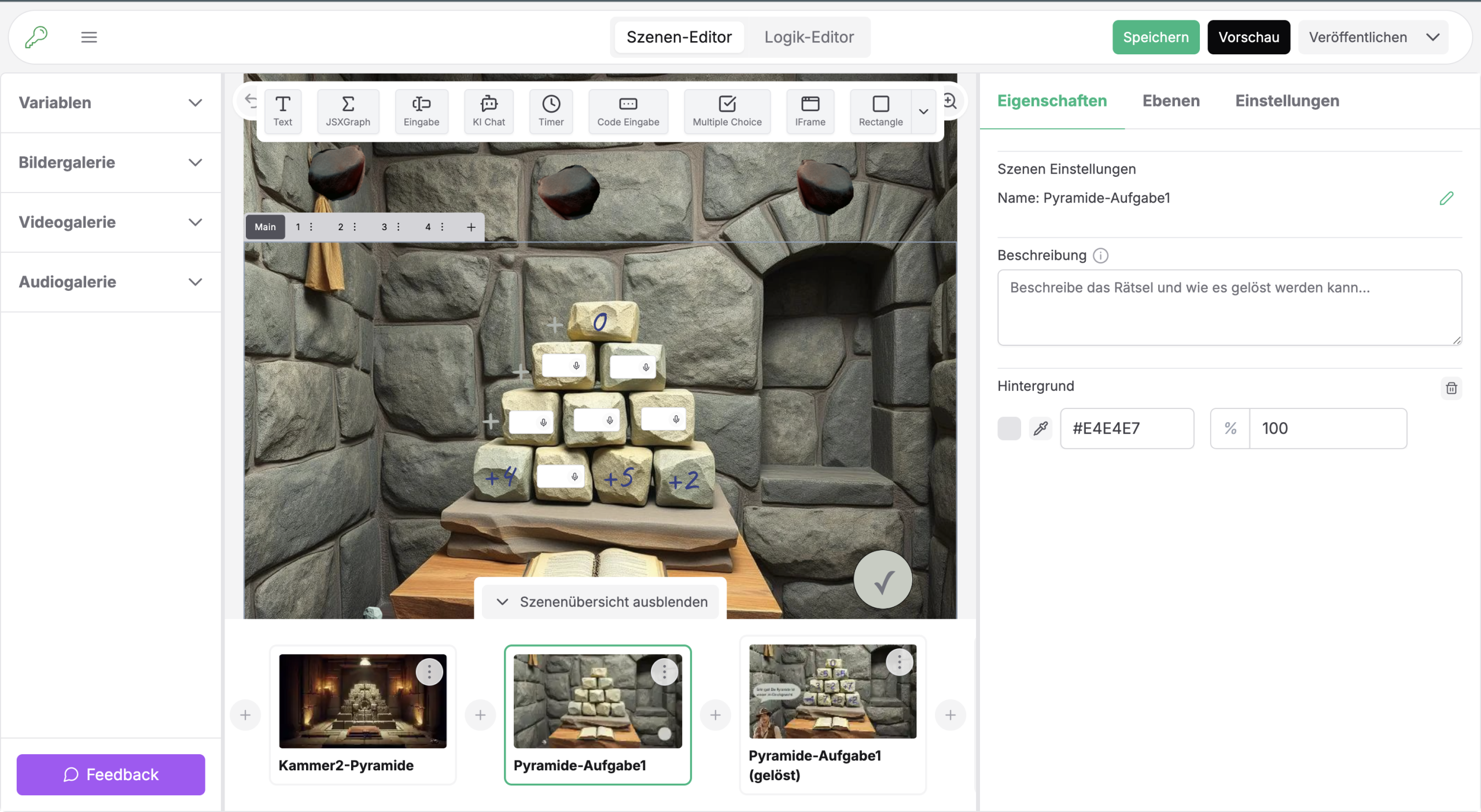 Ansicht des Escape Game Editors